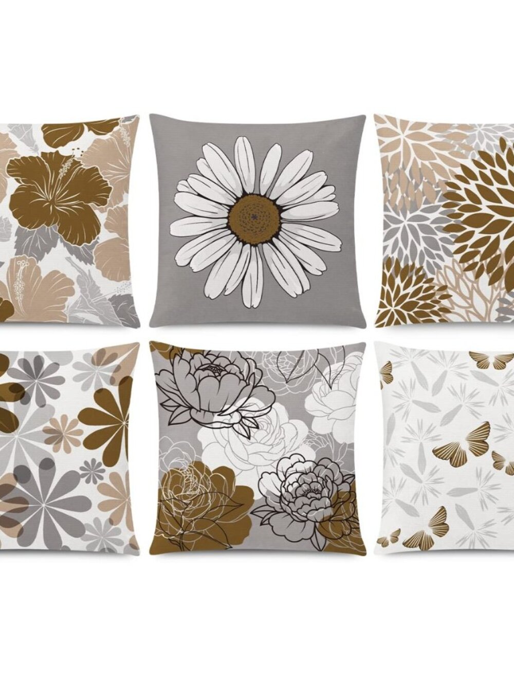 Brown Grey Pillow Covers 18x18 Set of 6 Decorative Daisy Flower Throw Pillow